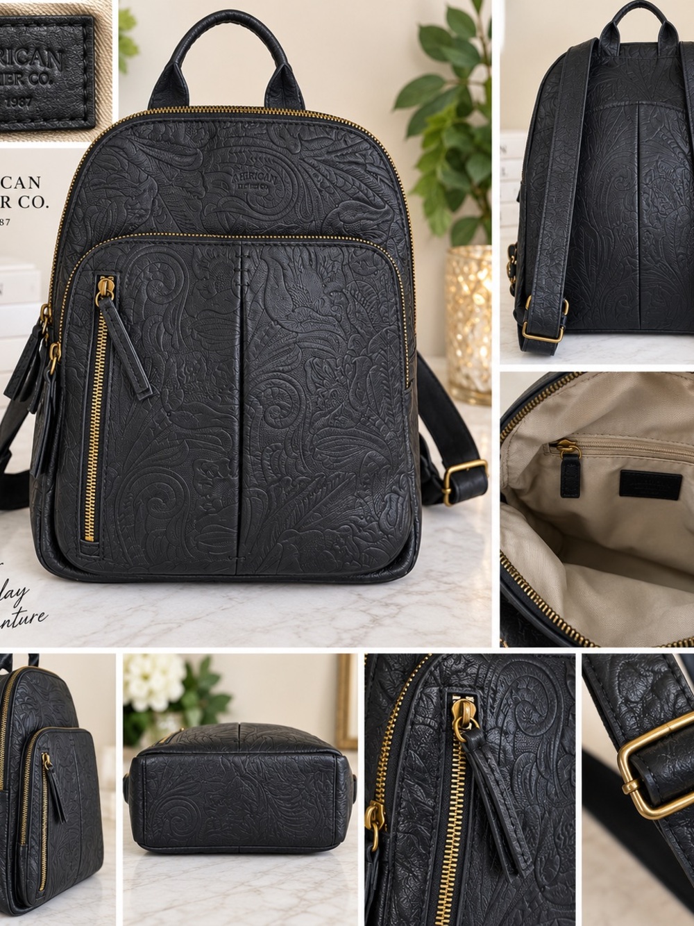 American Leather Co. Embossed Black Paisley Backpack